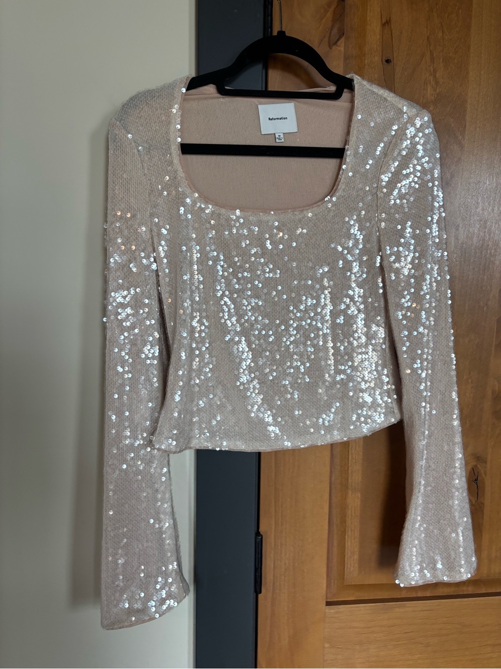 Reformation Sequin Long-Sleeve Scoop Neck Top - Nude/Pink